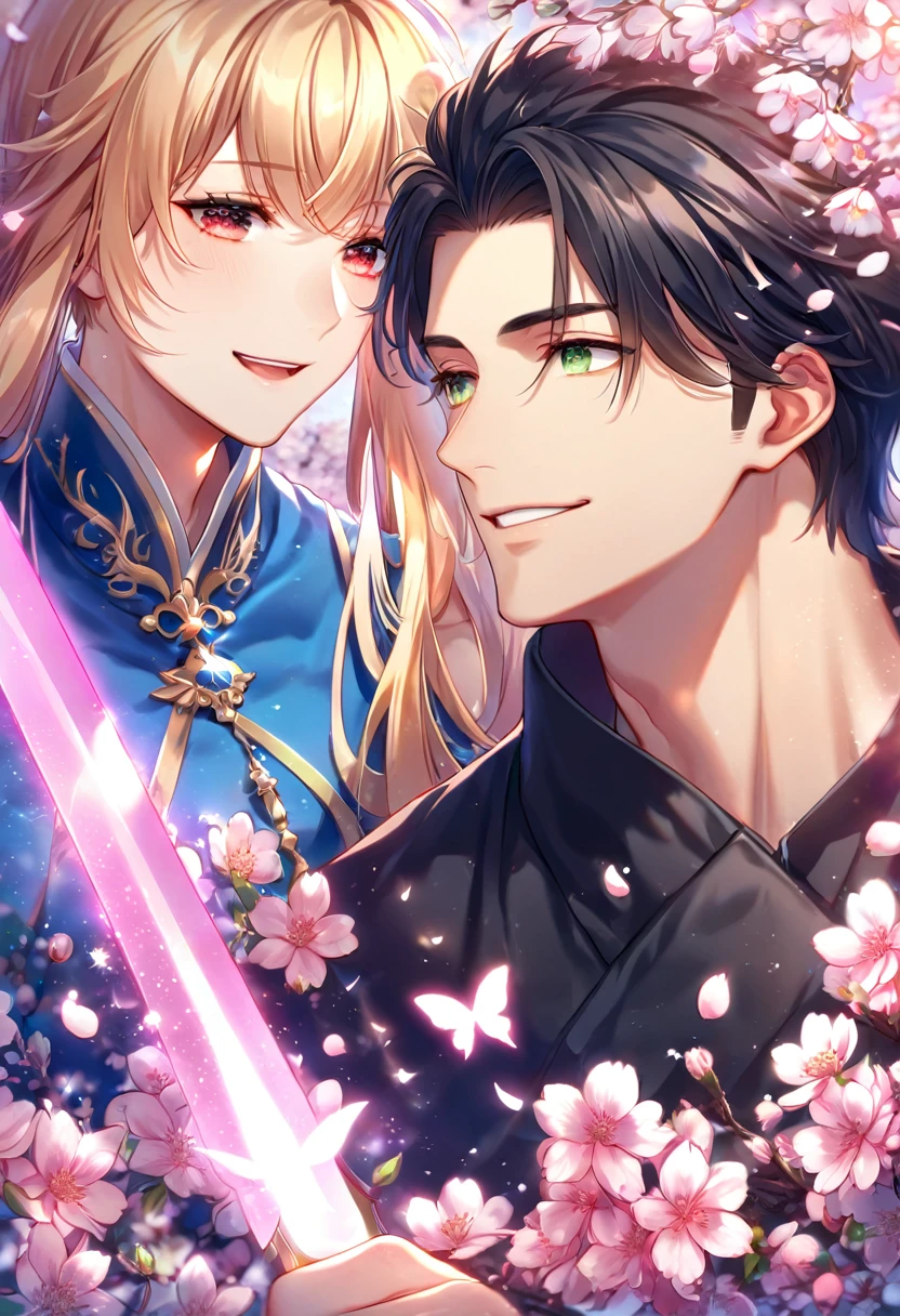 absurdres, highres, ultra detailed, HDR, master piece, best quality, extremely detailed face, delicated features, Xue Yu, black hair, messy hair, expressive red eyes, Fate Stay Night, Artoria Pendragon (Saber), blonde hair, expressive green eyes, a handsome man together with a beautiful woman, couple, smiling, blue dress, black coat, fantasy, magical, cherry blossoms, pink flowers, pink butterflies, pink petals, pink moon