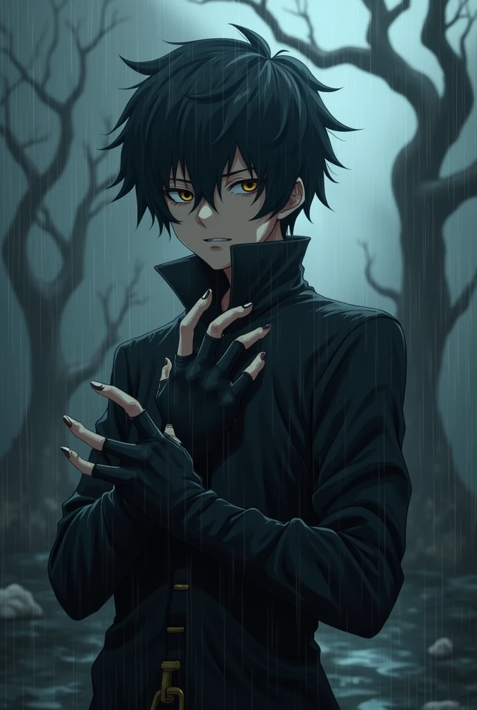 , darkness, black hand, gloves , long sleeves, black jeans, poker face, died tree background, anime characters, male anime, focus anime, hero academia, scary hand, night darkness, raining, monster hand, have power to absorb the elements of life, darkness hand,