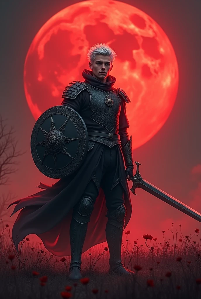 (photorealism:1.2), Tall young man, with no beard, with white and spiky hair, with silver iris of the eyes, in a field with a reddish full moon, wearing a black medieval Brunea with a black sun, with a large circular shield adorned with a black sun and emanating a magical aura, using a long sword, fighting