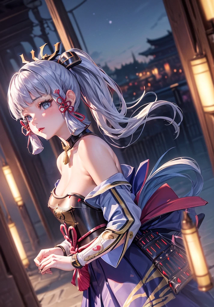 ((masterpiece)),(bestquality),((ultra-detailed)), ((beautiful detailed sky)), ((cinematic lighting)), depth of field, (dynamic angle),detailed lighting,((beautiful detailed eyes)), (night sky view), red lip, eyeshadow,large breast, cleavage, ((wearing tiny dress, off shoulders, bare hips)), ((kamisatoayakadef))