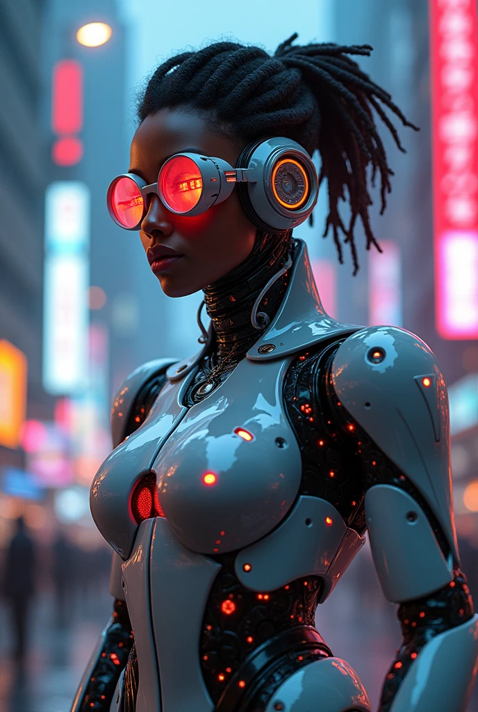 Futuristic cyberpunk robot dj with dreadlocks and glasses power connectors