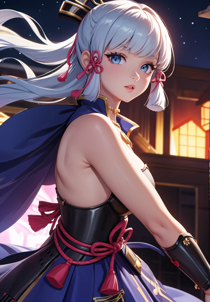 ((masterpiece)),(bestquality),((ultra-detailed)), ((beautiful detailed sky)), ((cinematic lighting)), depth of field, (dynamic angle),detailed lighting,((beautiful detailed eyes)), (night sky view), red lip, eyeshadow,large breast, cleavage, ((wearing tiny dress, off shoulders, bare hips)), ((kamisatoayakadef))