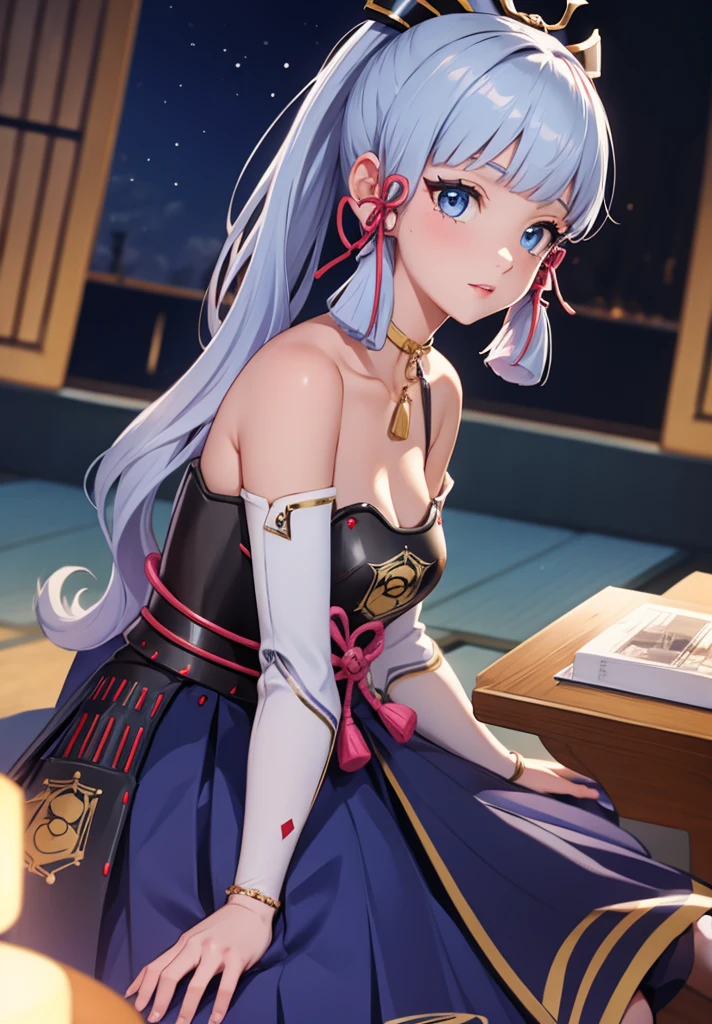 ((masterpiece)),(bestquality),((ultra-detailed)), ((beautiful detailed sky)), ((cinematic lighting)), depth of field, (dynamic angle),detailed lighting,((beautiful detailed eyes)), (night sky view), red lip, eyeshadow,large breast, cleavage, ((wearing tiny dress, off shoulders, bare hips)), ((kamisatoayakadef))