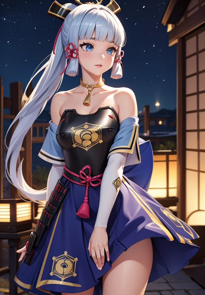 ((masterpiece)),(bestquality),((ultra-detailed)), ((beautiful detailed sky)), ((cinematic lighting)), depth of field, (dynamic angle),detailed lighting,((beautiful detailed eyes)), (night sky view), red lip, eyeshadow,large breast, cleavage, ((wearing tiny dress, off shoulders, bare hips)), ((kamisatoayakadef))