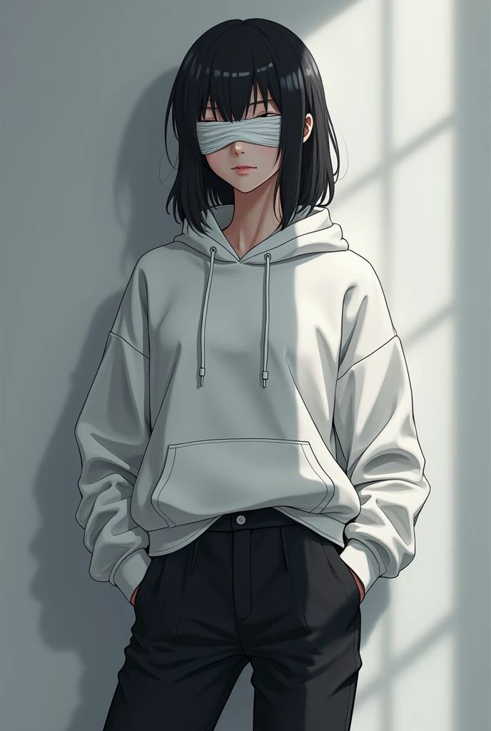 Female, Anime, Medium black-haired, Faired skin, Bandage around the eyes, White hoodie, Black trousers, Black shoes