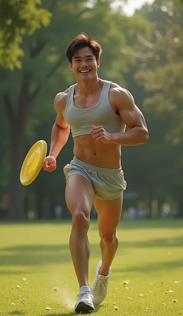 photorealistic, best quality, masterpiece, extremely detailed, sexy, homoerotic, extremely handsome, youthful, 25 year old muscular korean man, fair skin, ((muscular bodybuilder)), ((massive thighs)), wearing tank top and tiny shorts, round bubble butt, very sweaty, looking towards camera, throwing frisbee towards camera, big smile, happy, running at park, side view, extremely romantic atmosphere, perfect face, perfect fingers, perfect hands, perfection
