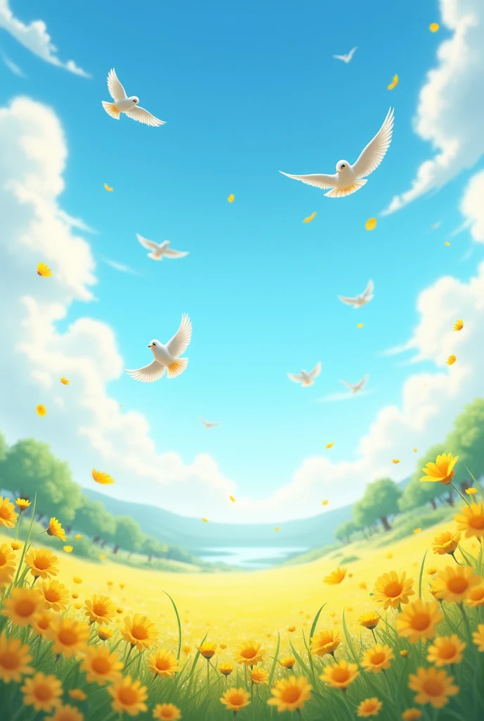 A summer sky with birds and yellow flowers at the bottom 