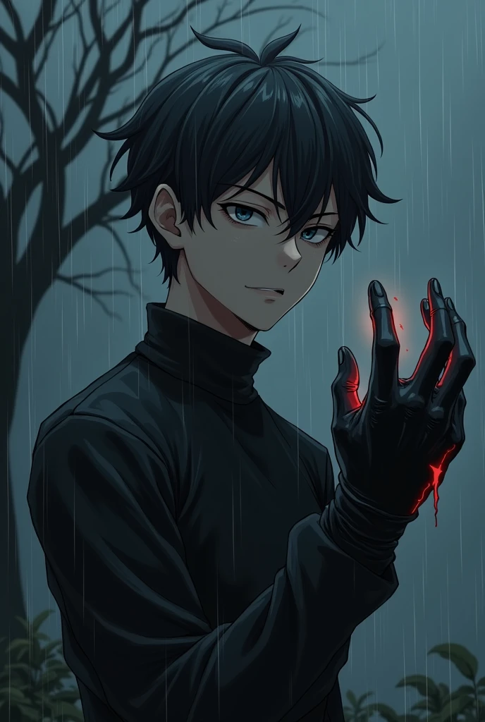 Teen boy, darkness, black hand, gloves , long sleeves, black jeans, poker face, died tree background, anime characters, male anime, focus anime, hero academia, scary hand, night darkness, raining, monster hand, have power to absorb the elements of life, darkness hand,