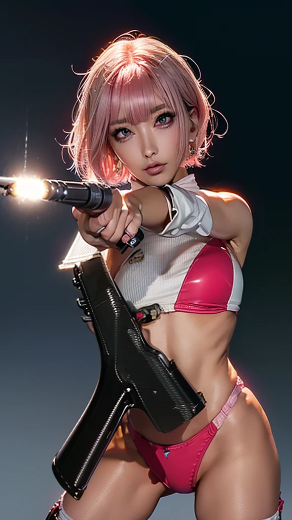 (Highest quality), Realistic, (live-action),(Short Hair,Sharp bangs)Highest quality,Highest quality,8k images,Pink Hair,High heels,Small face,((Big Breasts))Leg spread、1 gun,(((Point the tip of your gun towards the camera:1.6))),Highest quality32K(In combat)