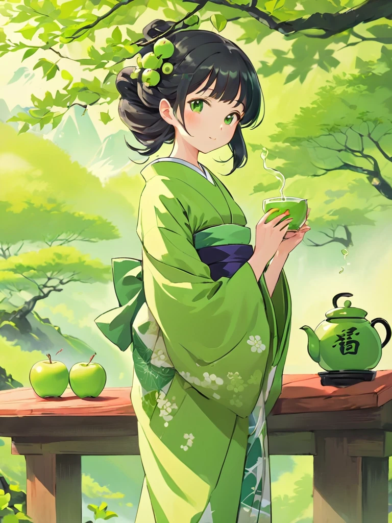 Japanese woman in kimono, witch, cartoon, apple green tea, apple green tea beverage, Japanese environment background