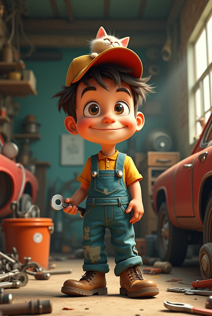 make a young mechanic but drawn as an old cartoon 