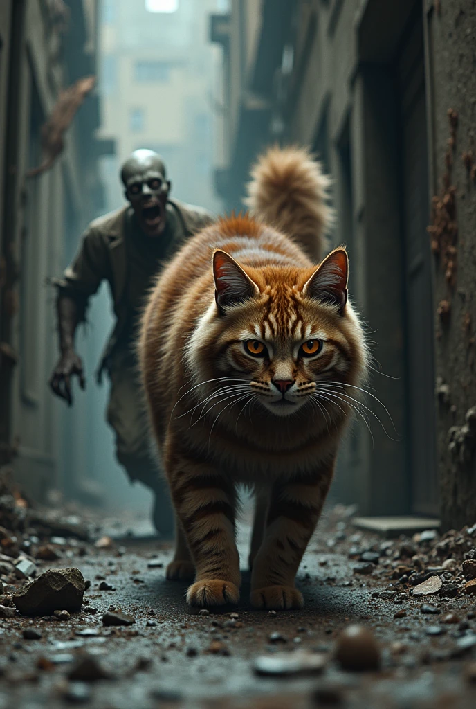 A brown tabby long-haired cat chasing a fleeing zombie