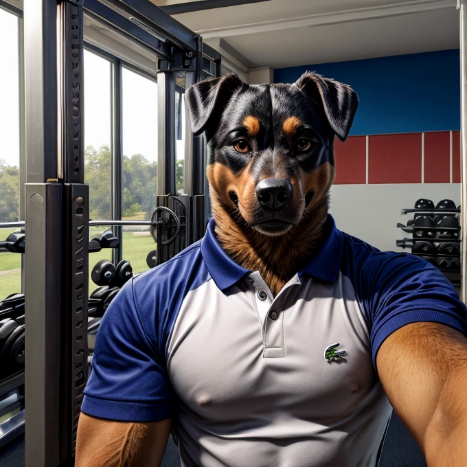 Rottweiler wearing a Lacoste polo shirt taking a selfie at the gym
