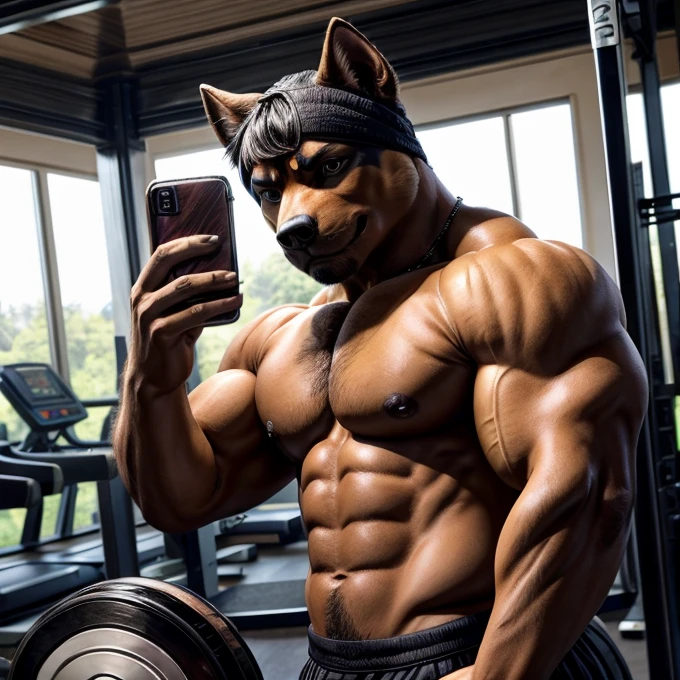Rottweiler wearing a Lacoste polo shirt taking a selfie at the gym
