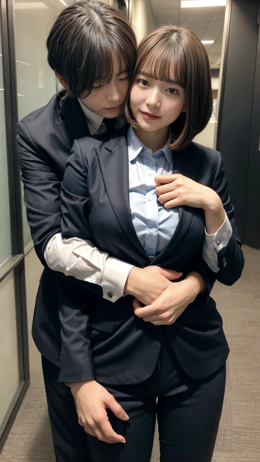 ung office lady being hugged from back by 1 man:1.2,close to each other:1.1), (man's hand touching her breast:1.1),very cute face,bob cut,Suit,Collared shirt, Black Suit,Black jacket,,embarrassed,hotel room,perfect anatomy, masterpiece, best quality,8k,perfect face,from front,upper body