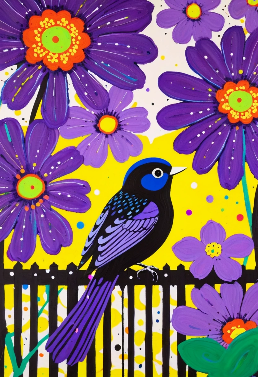 A painting,Inspired by Yayoi Kusama:(((Colorful black,Chalk painting,Oil stick painting,Volume,Thick coating,Uneven texture,Plaster texture,Graffiti,Dot)))。Colorful black,((Lime and Violet,Bird on a flowery fence)), Bright colors, Purple和, cute的, Bright colors,cute, Lavender Color and Color Schemes, 和Purple的配色方案, Beautiful Art, Purple, Whimsical Art, 和Purple色调, Close together,, spring, Inspired by Tomokazu Matsuyama, Delightful