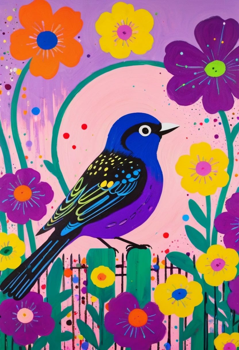 A painting,Inspired by Yayoi Kusama:(((Colorful black,Chalk painting,Oil stick painting,Volume,Thick coating,Uneven texture,Plaster texture,Graffiti,Dot)))。Colorful black,((Lime and Violet,Bird on a flowery fence)), Bright colors, Purple和, cute的, Bright colors,cute, Lavender Color and Color Schemes, 和Purple的配色方案, Beautiful Art, Purple, Whimsical Art, 和Purple色调, Close together,, spring, Inspired by Tomokazu Matsuyama, Delightful