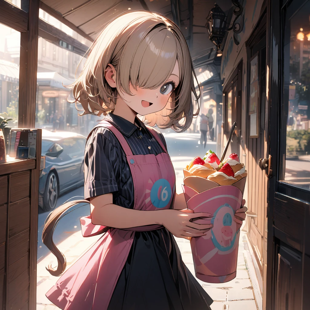 1 girl,solo,16yo,amazing quality, aesthetic, aesthetic,ultra-detailed face,detailed eyes,round eyes, chocolate eyes,milktea beige hair,hair over one eye,pig tail,vertical stripes pattern Multicolor Short sleeves Shirt,Tight skirt,pink apron, Perfect hands, perfect fingers,(holding a crepe from Harajuku that is an inverted triangle with a circle on top),happy,Hands out the door of a wagon-shaped crepe shop, rim light,highly detailed illustration,masterpiece,8K,top quality,Beautiful detailed background