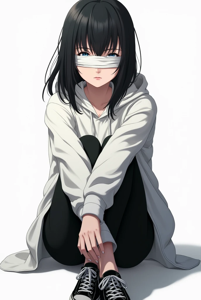 Female, Anime, Teen, Medium black-haired, Faired skin, Bandages on the eyes, White hoodie, Black trousers, Black shoes