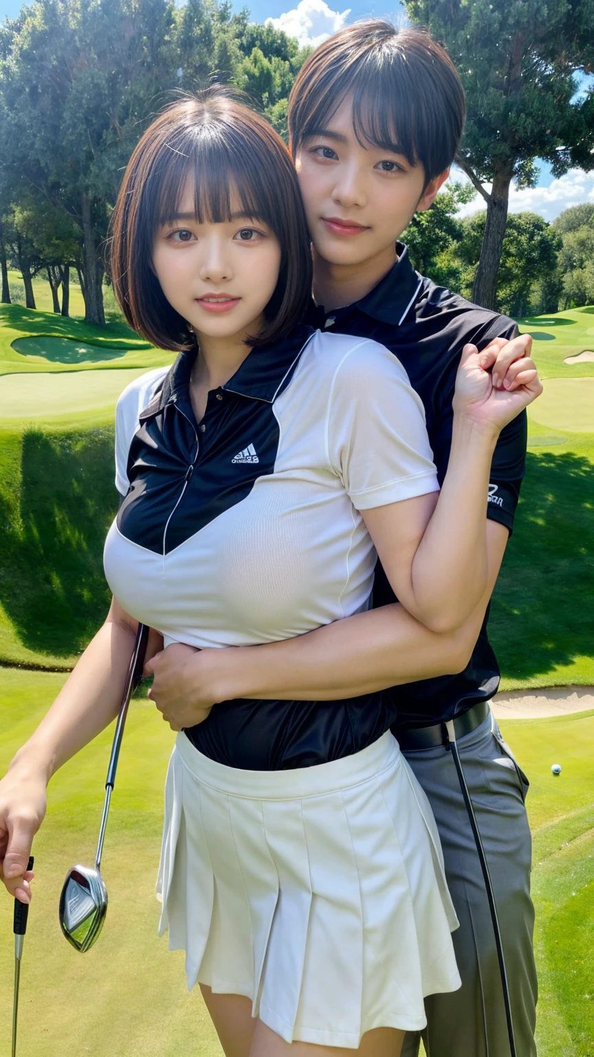 1 young office lady being hugged from back by 1 man:1.2,close to each other:1.1), (man's hand touching her breast:1.1),very cute face,bob cut,white skin-tight golf uniform,embarrassed,golf course,perfect anatomy, masterpiece, best quality,8k,perfect face,from front,upper body