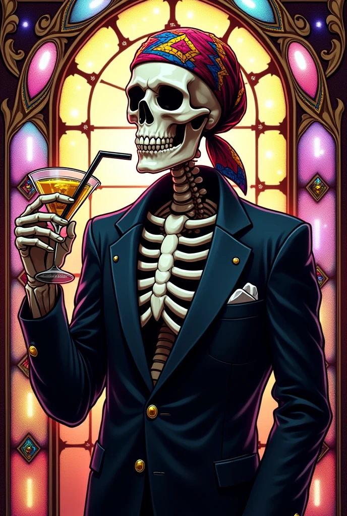 Stunning Stained Glass composition of Skeleton man with black blazer, bandana on his head, invites viewers to join, he drinks a cocktail from glass with straw, colorful, gold accents, gems.
