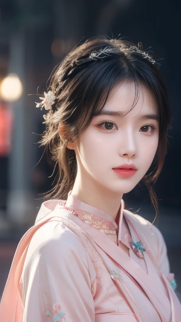 best quality, masterpiece, high resolution, wuxia1girl,blush,(Charming smile:0.8),Star-shaped pupil,china hanfu,Hair accessories,necklace, Jewelry,Pretty Face,more than_Body, Tyndall effect,lifelike, Dark Studio, Edge lighting, Two-color light,(High Detail Skin:1.2), 8K Ultra HD, SLR camera, Soft Light, high quality, Volumetric Lighting, frank, photo, high resolution, 4K, 8K, Bokeh,Surrounded by blooming peach blossoms
