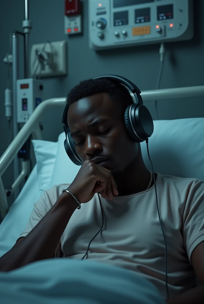 Un mignon homme africain très triste qui écoute la musique en réanimation 