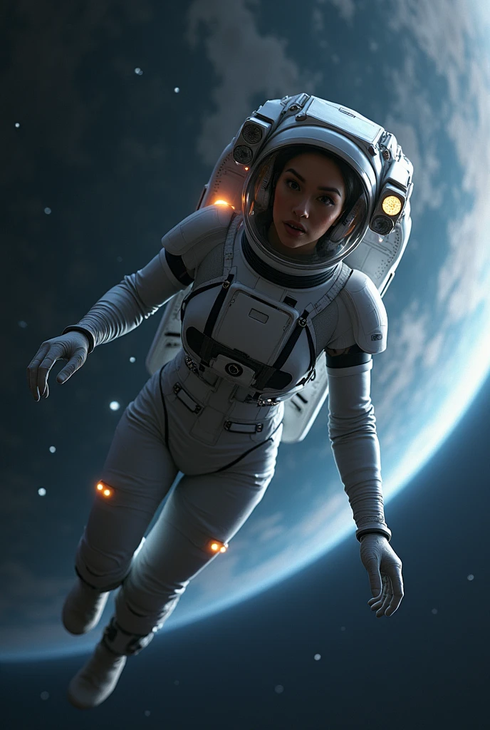 astronaut in space suit flying through the air with a spaceship in the background, concept art by jessica rossier, cgsociety contest winner, space art, beautiful woman in spacesuit, space soldier on mars with a gun, interstellar space suit, science fiction space suit, spacesuit with small led lights, sci fi female character, sci-fi cinematic movie still