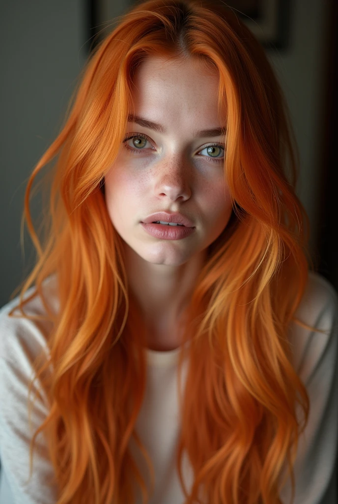 23 year old model woman, long light orange hair , amber eyes, photo realist