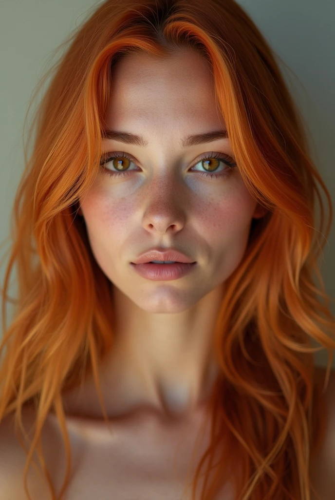 23 year old model woman, long light orange hair , amber eyes, photo realist