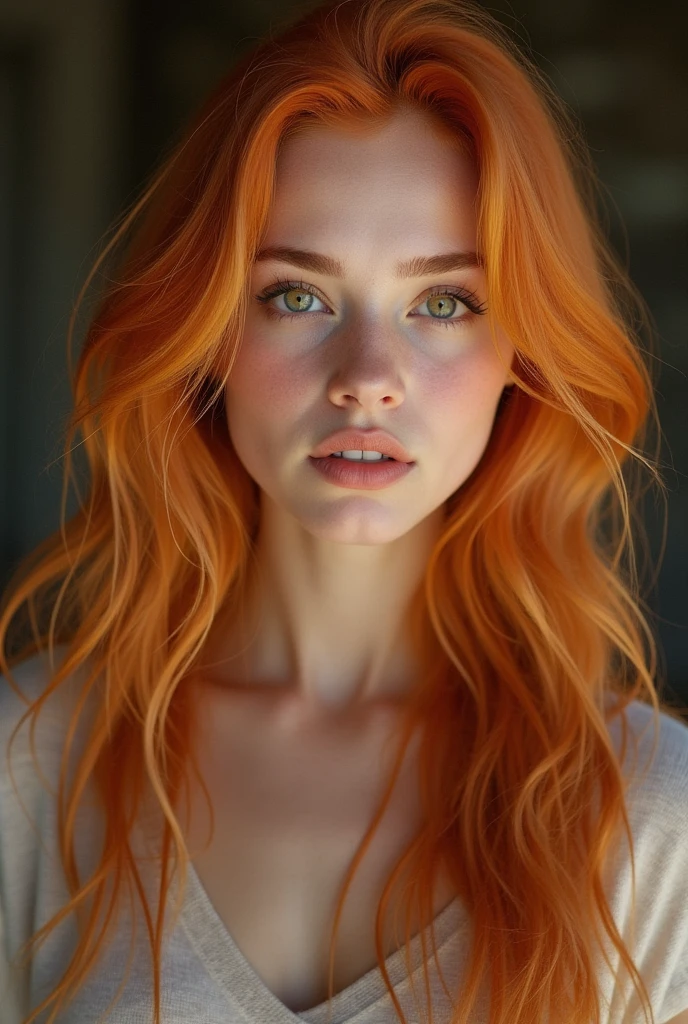 23 year old model woman, long light orange hair , amber eyes, photo realist