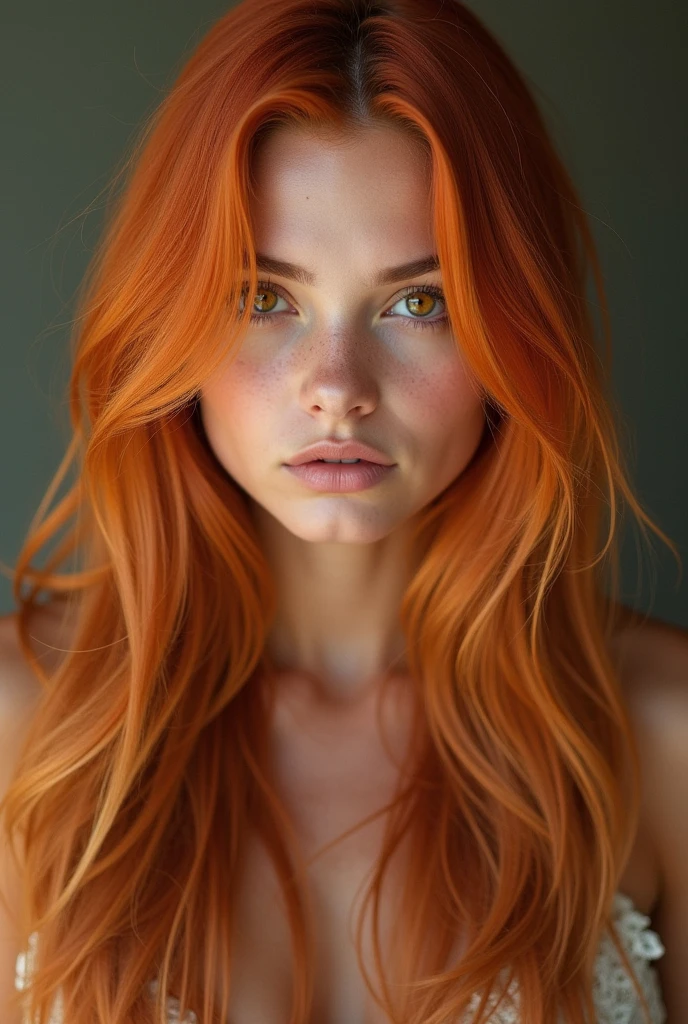 23 year old model woman, long light orange hair , amber eyes, photo realist