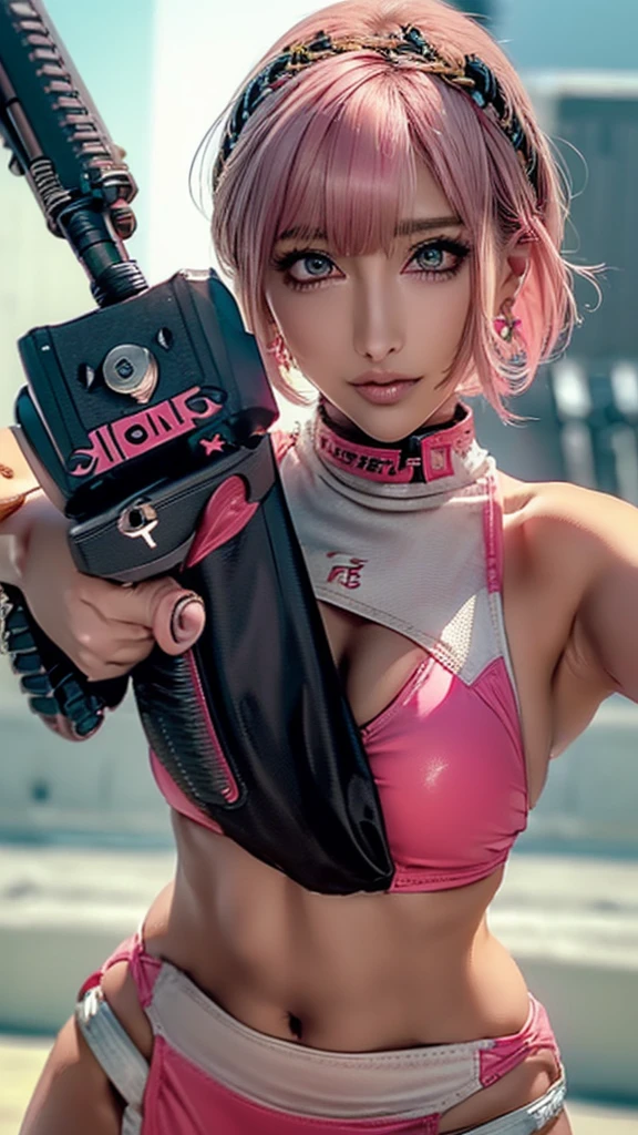 (Highest quality), Realistic, (live-action),(Short Hair,Sharp bangs)Highest quality,Highest quality,8k images,Pink Hair,High heels,Small face,((Big Breasts))Leg spread、1 gun,(((Point the tip of your gun towards the camera:1.6))),Highest quality32K(In combat)