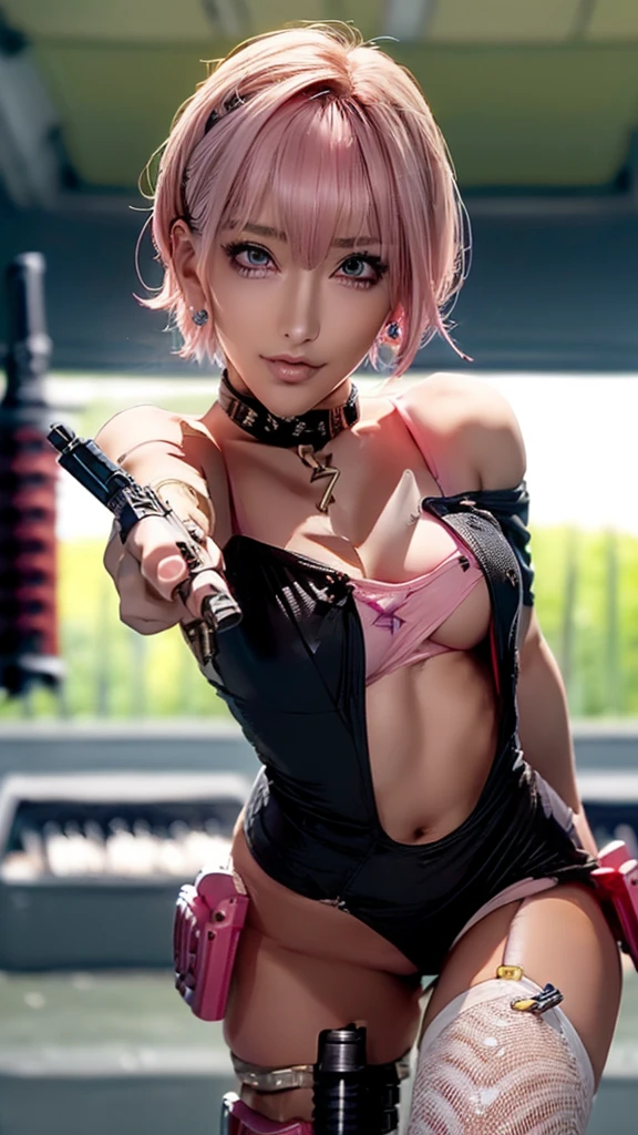 (Highest quality), Realistic, (live-action),(Short Hair,Sharp bangs)Highest quality,Highest quality,8k images,Pink Hair,High heels,Small face,((Big Breasts))Leg spread、1 gun,(((Point the tip of your gun towards the camera:1.6))),Highest quality32K(In combat)