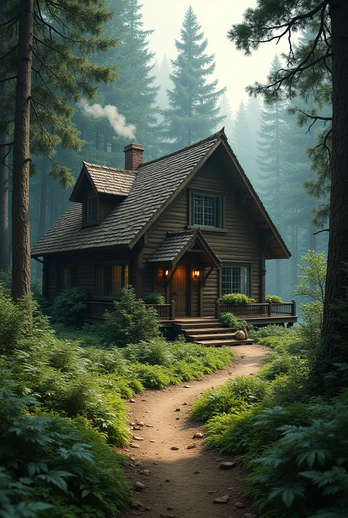 Wooden house in the forest is very realistic 