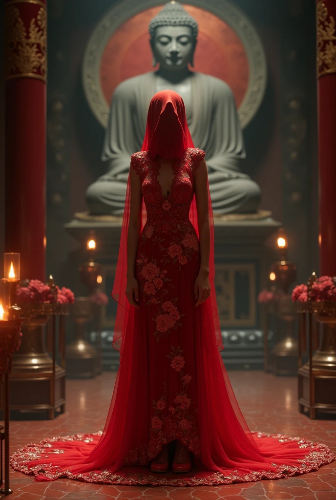 A young woman, wearing red wedding dress, head covered with red cloth, can not see the face clearly, red embroidered shoes, behind is a Buddha statue, standing in the temple, vista, full-body view, weak candlelight, scary atmosphere, Chinese traditional culture