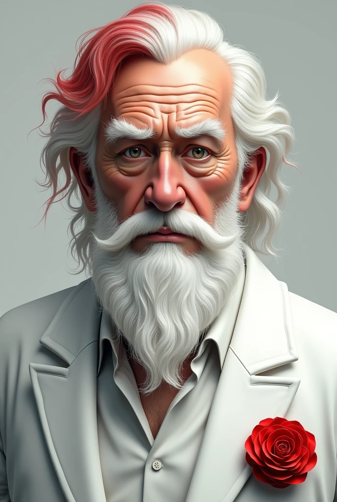 Make an old man with white and red hair and beard ,  with white clothes and a red badge