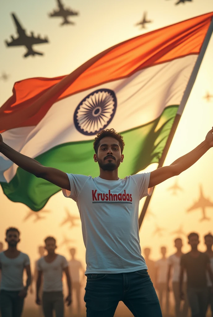 15 August independence day 20year  boy, wearing white t shirt name on t shirt is "Krushnadas" taking India's flag in his hand. Back ground with figher planes. To wish happy independence day.
