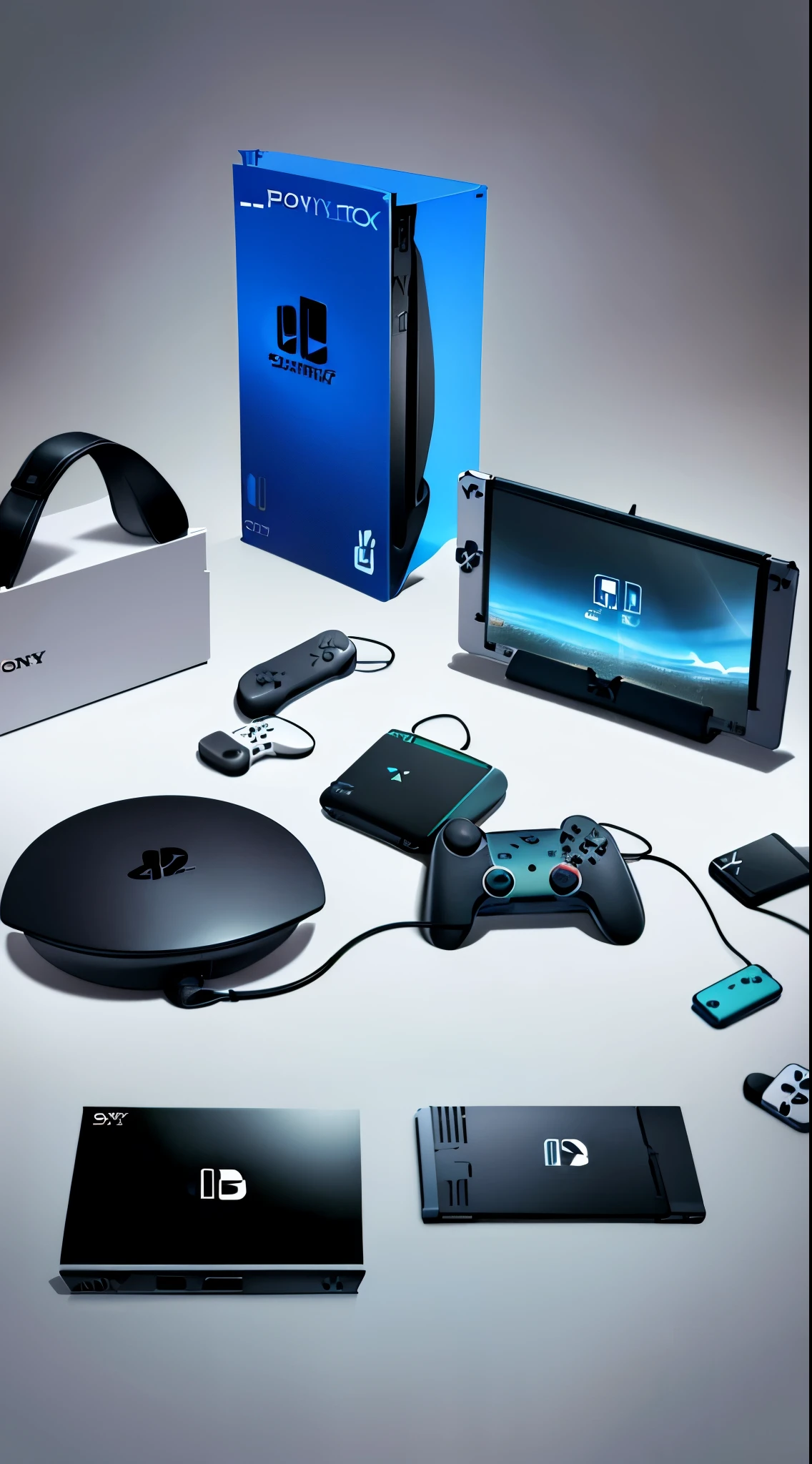 Game console, (NintendoSwitch combined with PlayStation and Xbox360), futuristic design, simple background, promotion of game console, ((SONY and Nintendo settled))((SONY and Nintendo collaborated))
