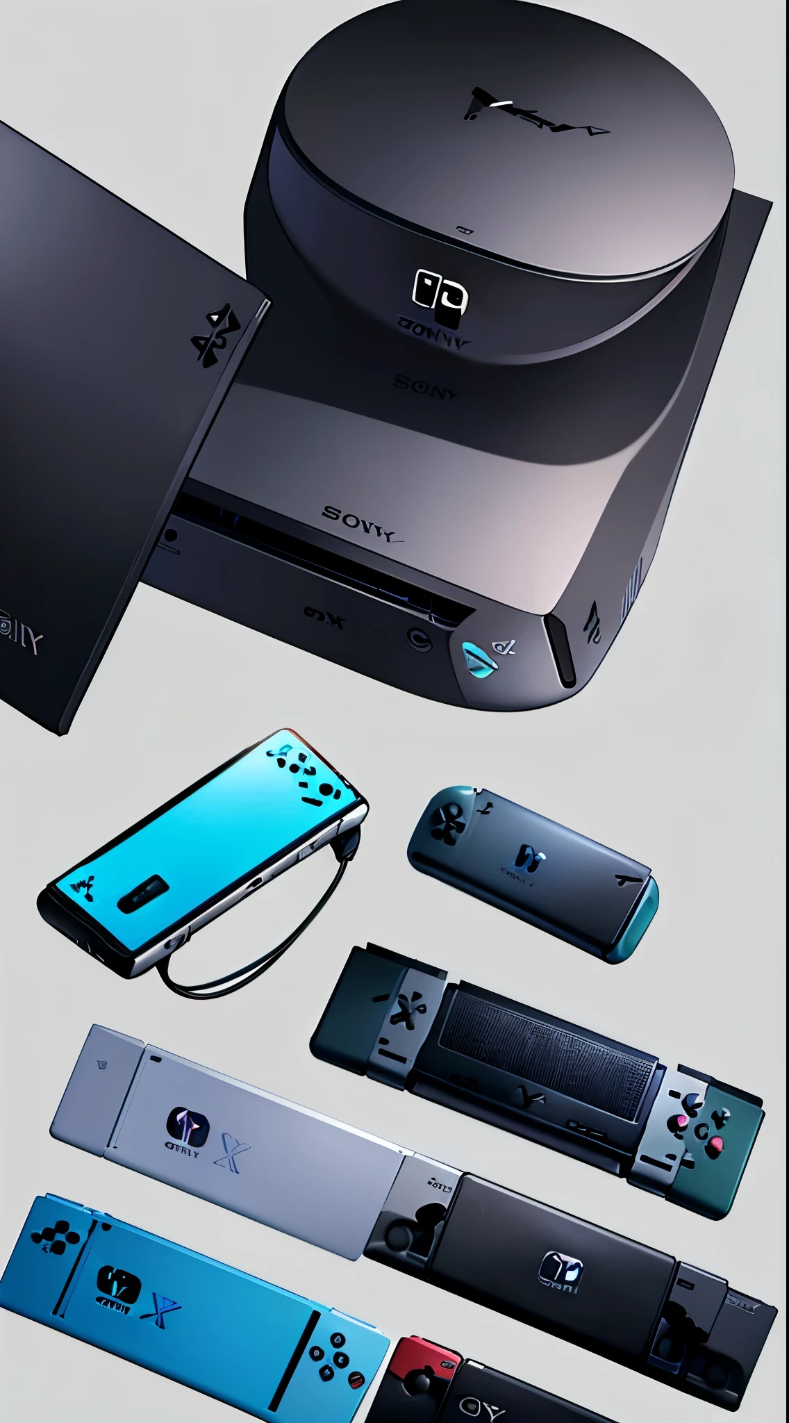 Game console, (NintendoSwitch combined with PlayStation and Xbox360), futuristic design, simple background, promotion of game console, ((SONY and Nintendo settled))((SONY and Nintendo collaborated))