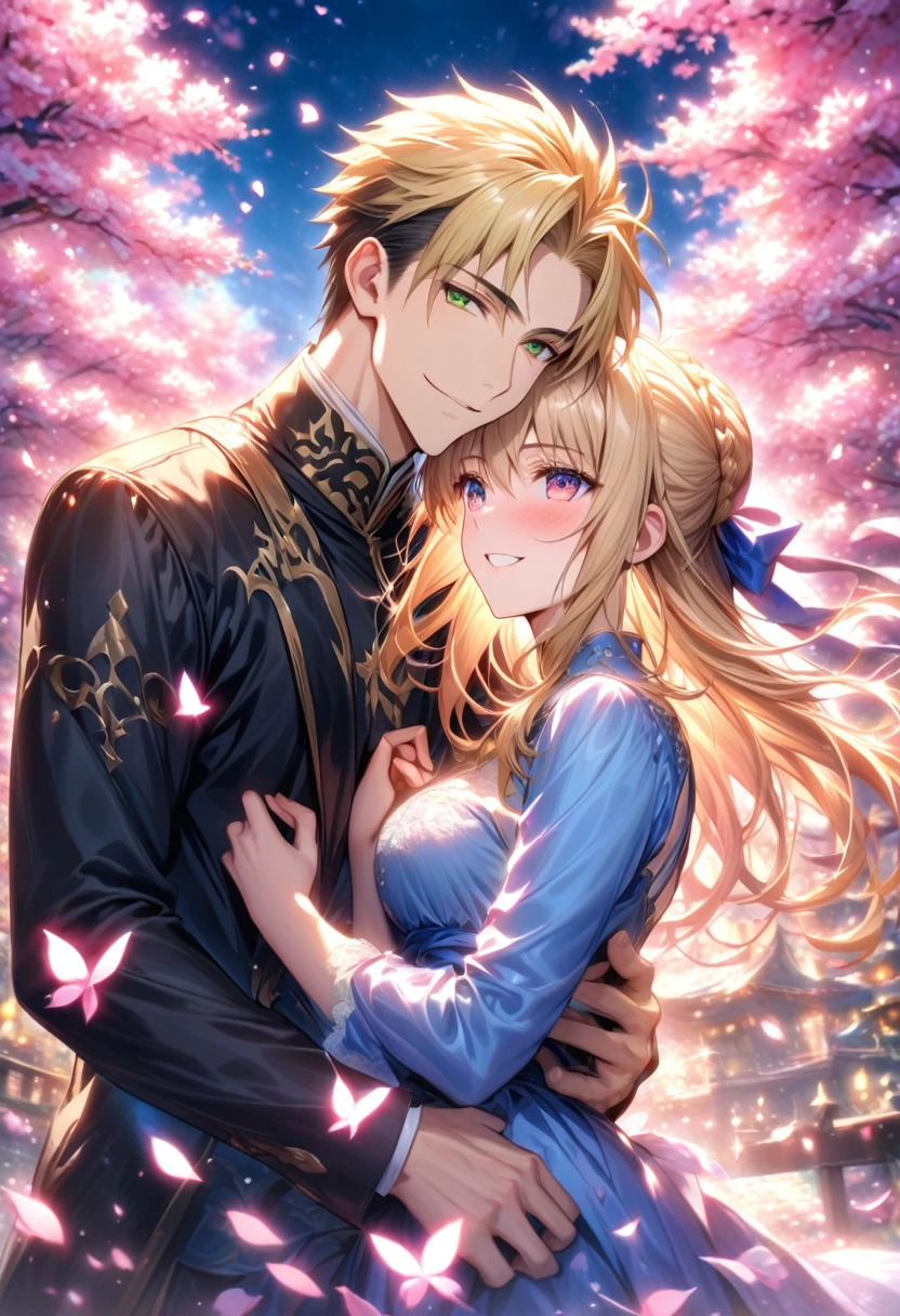 absurdres, highres, ultra detailed, HDR, master piece, best quality, extremely detailed face, delicated features, Xue Yu, black hair, messy hair, expressive red eyes, Fate Stay Night, Artoria Pendragon (Saber), blonde hair, expressive green eyes, a handsome man together with a beautiful woman, couple, smiling, blue dress, black coat, fantasy, magical, cherry blossoms, pink flowers, pink butterflies, pink petals, pink moon