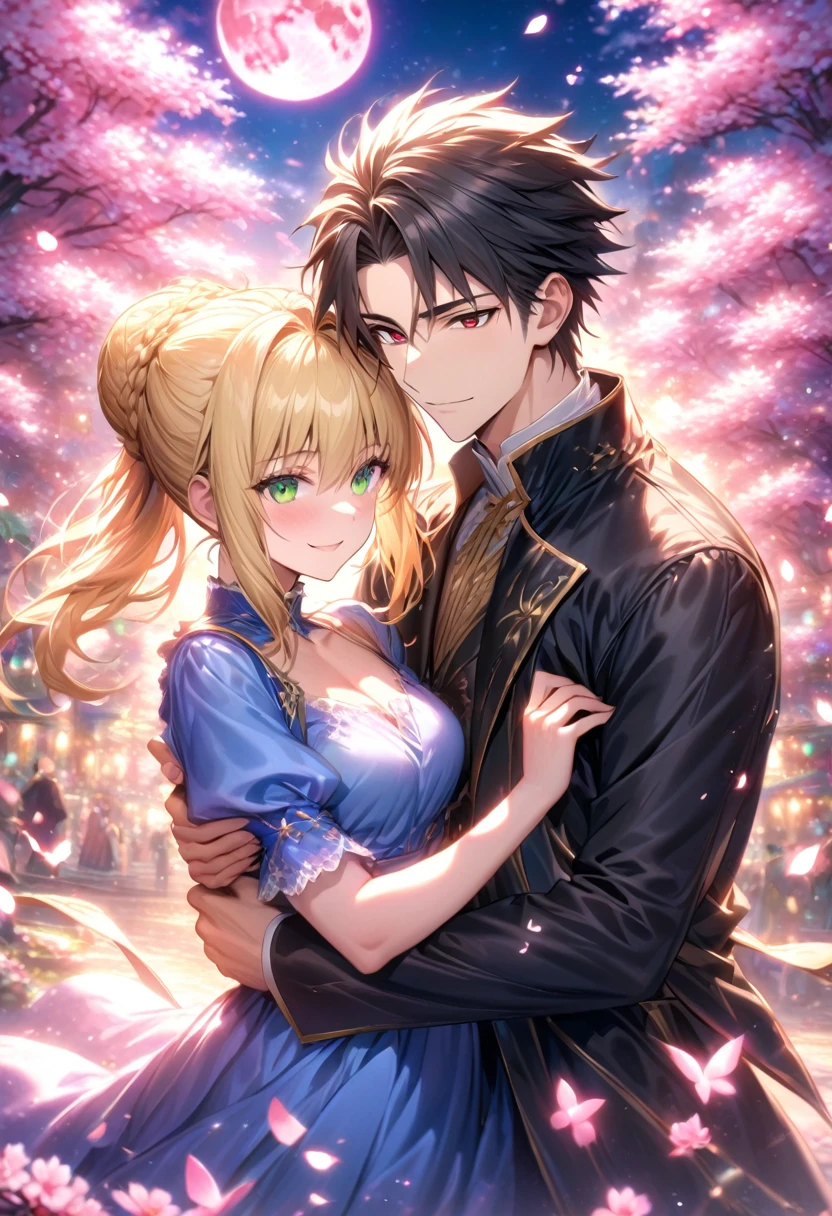 absurdres, highres, ultra detailed, HDR, master piece, best quality, extremely detailed face, delicated features, Xue Yu, black hair, messy hair, expressive red eyes, Fate Stay Night, Artoria Pendragon (Saber), blonde hair, expressive green eyes, a handsome man together with a beautiful woman, couple, smiling, blue dress, black coat, fantasy, magical, cherry blossoms, pink flowers, pink butterflies, pink petals, pink moon