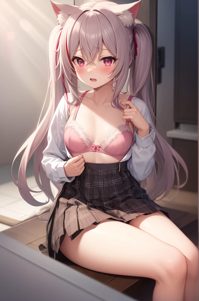 1girl, cat girl, Cat ears, grey hair, streaked hair, pink hair, long hair, hair between eyes, twintails, sailor collar, A small chest, extremely_detailed_CG_unity_8k_wallpaper, highres, absurdres, beautiful_detailed_eyes, finely_detailed_clothing, finely_detailed_light, highly_detail_hair_, Beautiful eyes,
colorful, light rays, caustics, aistics, lens flare, bokeh, nsfw, pink eyes, White silk stockings, JK Uniform Plaid Skirt, school uniform, Light pink mini skirt, blush,
score_anime, score_9_up, masterpiece, beautiful scenery, lovely, an unbuttoned shirt, charming, sexually suggestive, pink bra, lace lingerie, Half taken off short skirt, Bathroom