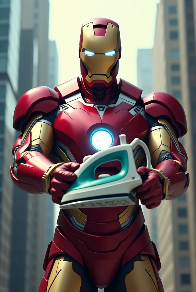 Iron man holding clothes iron box