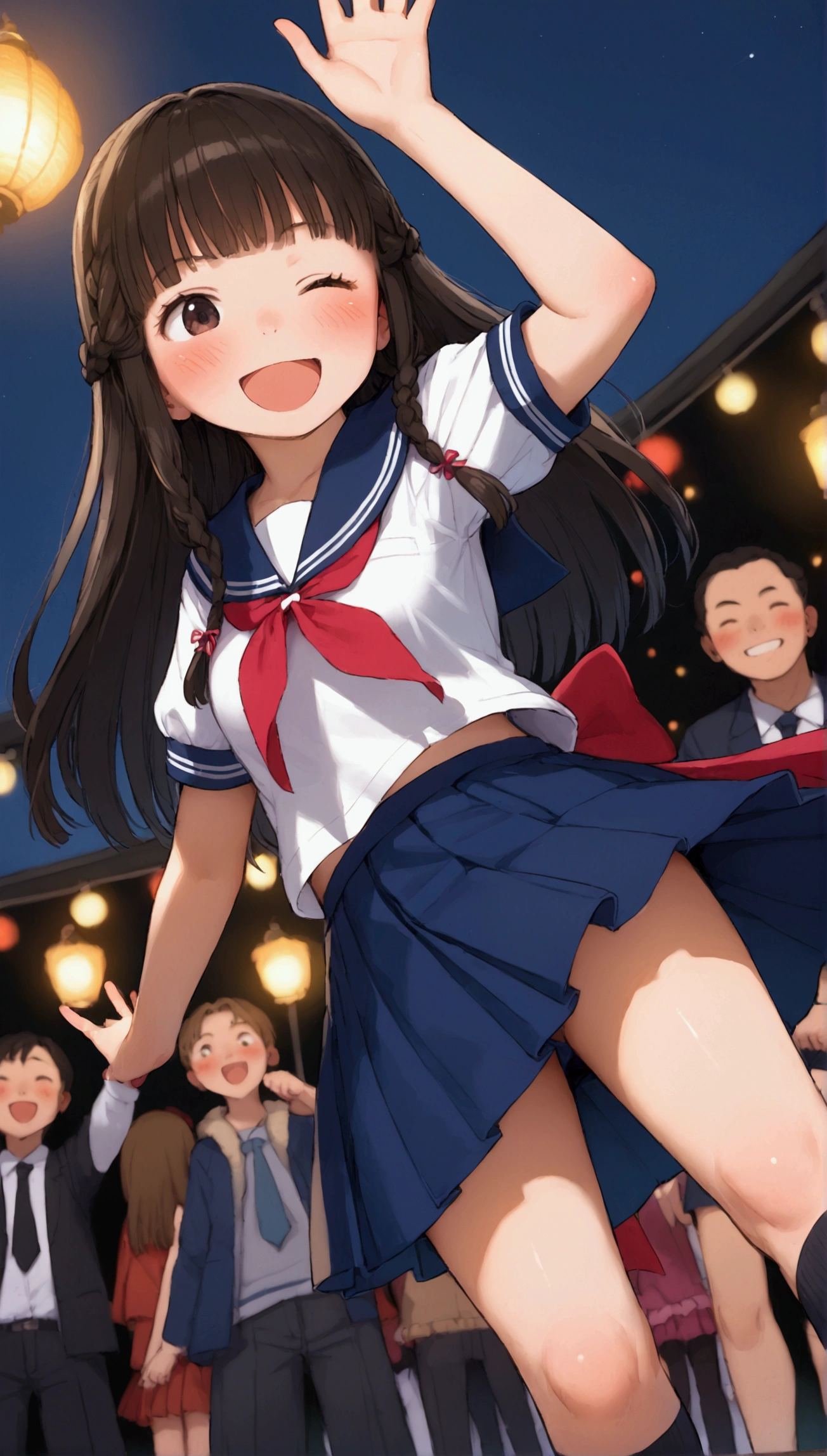 {Highest quality}, {Super beautiful},{Ultra fine},{Best illustration},Brown Hair,Hime cut,long hair,Braid,One woman,Standing Woman,Strike a pose,Adult women,smile,Excited face,Wink,Sailor suit,Short sleeve,skirt,Night Festival,Blushing,Slender,Black knee-high socks,Black Loafers,From an angle,From below,Spread your legs,Waving with both hands,crowd,