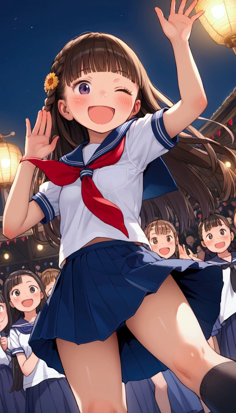 {Highest quality}, {Super beautiful},{Ultra fine},{Best illustration},Brown Hair,Hime cut,long hair,Braid,One woman,Standing Woman,Strike a pose,Adult women,smile,Excited face,Wink,Sailor suit,Short sleeve,skirt,Night Festival,Blushing,Slender,Black knee-high socks,Black Loafers,From an angle,From below,Spread your legs,Waving with both hands,crowd,