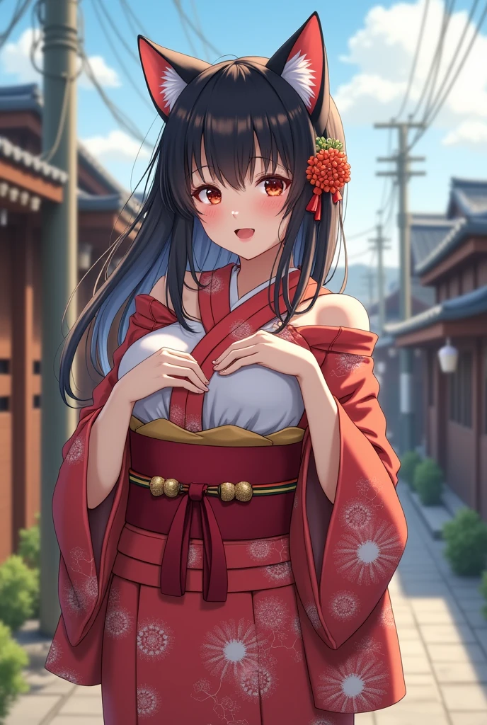 ((Highest quality, 8k, masterpiece: 1.3)), 1. She looks like a cat, has very large breasts, and wears a kimono.、A naughty girl posing cutely facing a Japanese town.