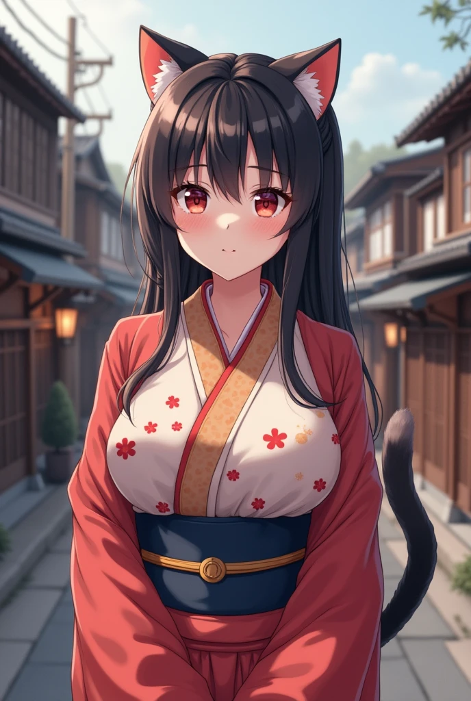 ((Highest quality, 8k, masterpiece: 1.3)), 1. She looks like a cat, has very large breasts, and wears a kimono.、A naughty girl posing cutely facing a Japanese town.