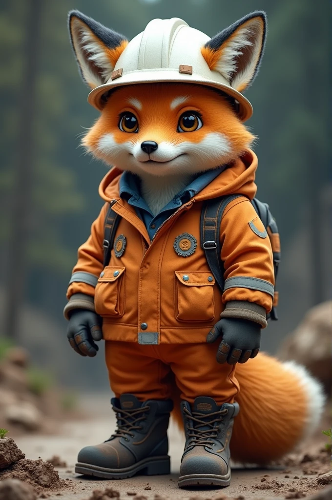 Culpeo fox dressed as a miner with a white helmet, orange jacket and safety shoes