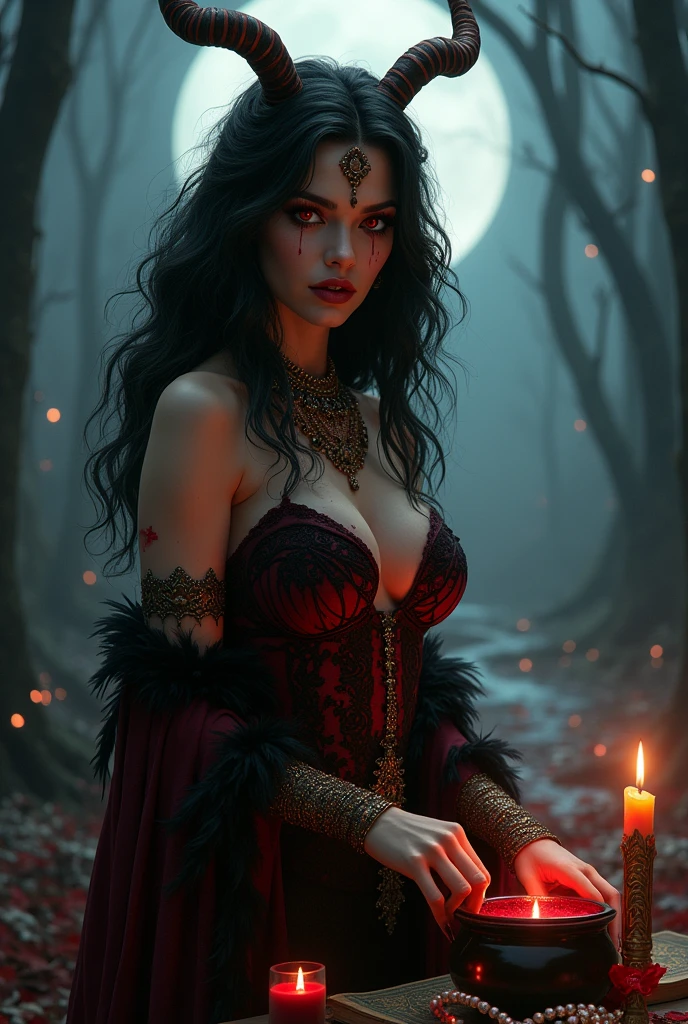 brunette woman, long wavy black fur, Red eyes, red and black necklaces, queen of hell, Super sexy red and black dress with gold and black details, melted candles, black magic book, whole body, walking among the dead , black dreams, black feathers , evil smile, laugh , full moon, evening, pearl, witch , human bones , blood, They work in the moonlight with a cauldron,in a forest or swamp